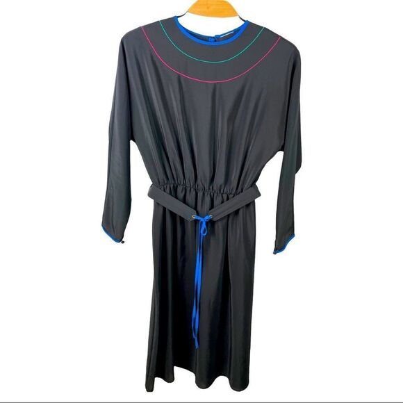Vintage Dresses & Skirts - Vintage black long sleeve belted midi dress size S